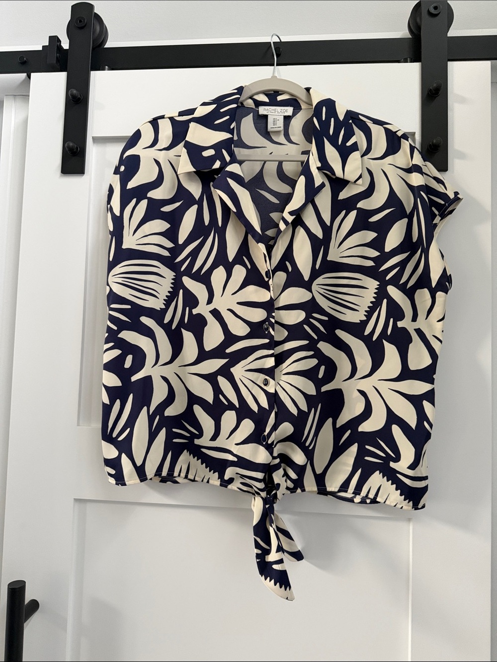 Rachel Zoe Navy and Cream Tropical Tie-Front Button Shirt